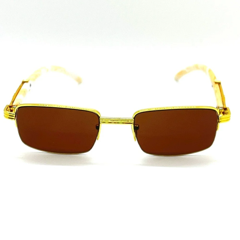 Gold Frame Sunglasses Brown Lens Rectangle Fashion Hip Hop Style Retro 80's 90's